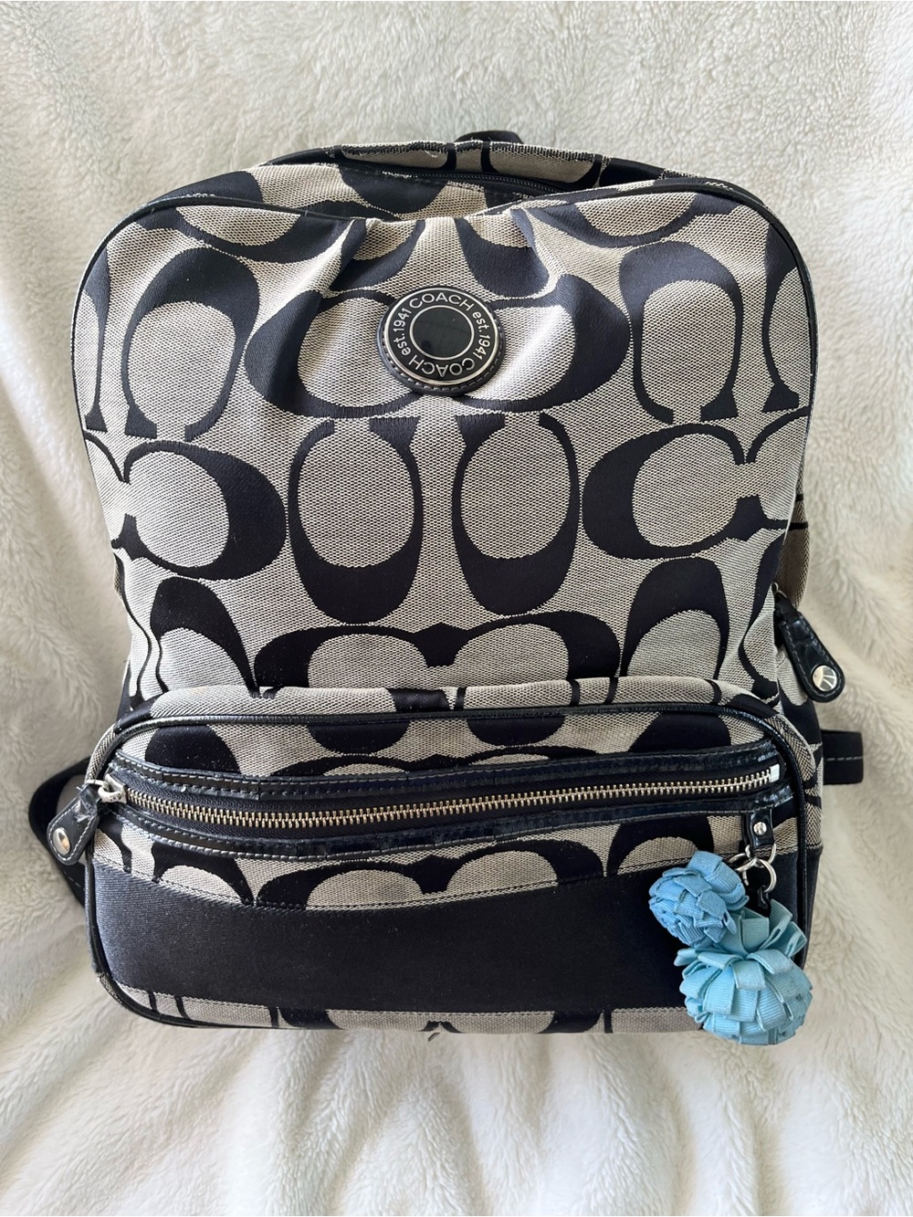 Coach Black & Cream Signature Jacquard Canvas Backpack with Light Blue Charm